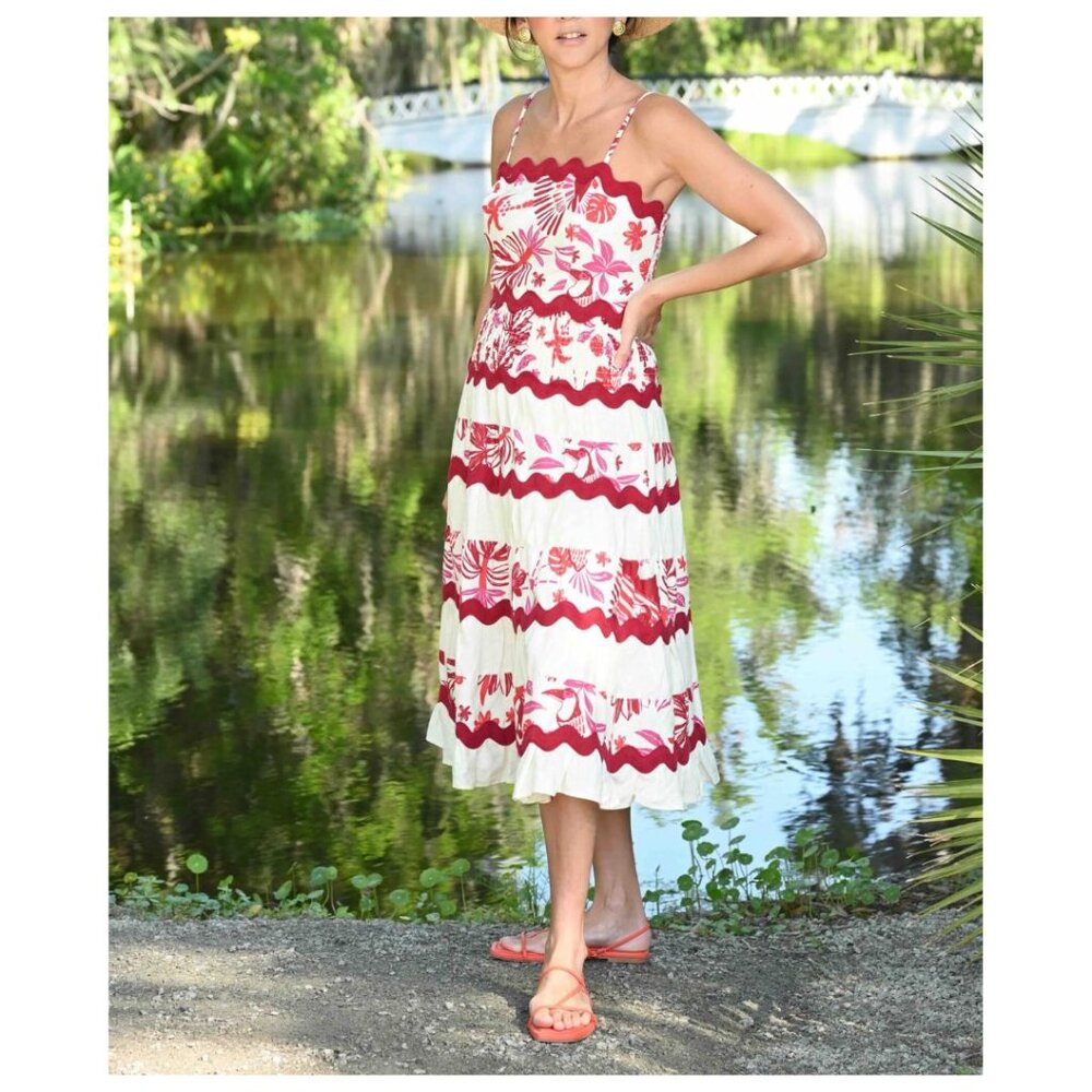 CAROLYN CONSTAS 2 Piece Linen Blend Skirt/Crop Top Tropical, Ivory/Red Women L